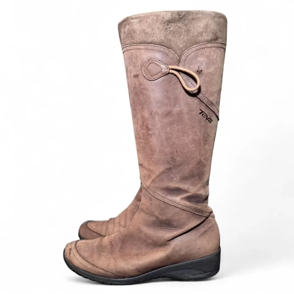 Teva Cove Women’s 7.5 Brown Tall Leather Zip Waterproof Boots Riding Style